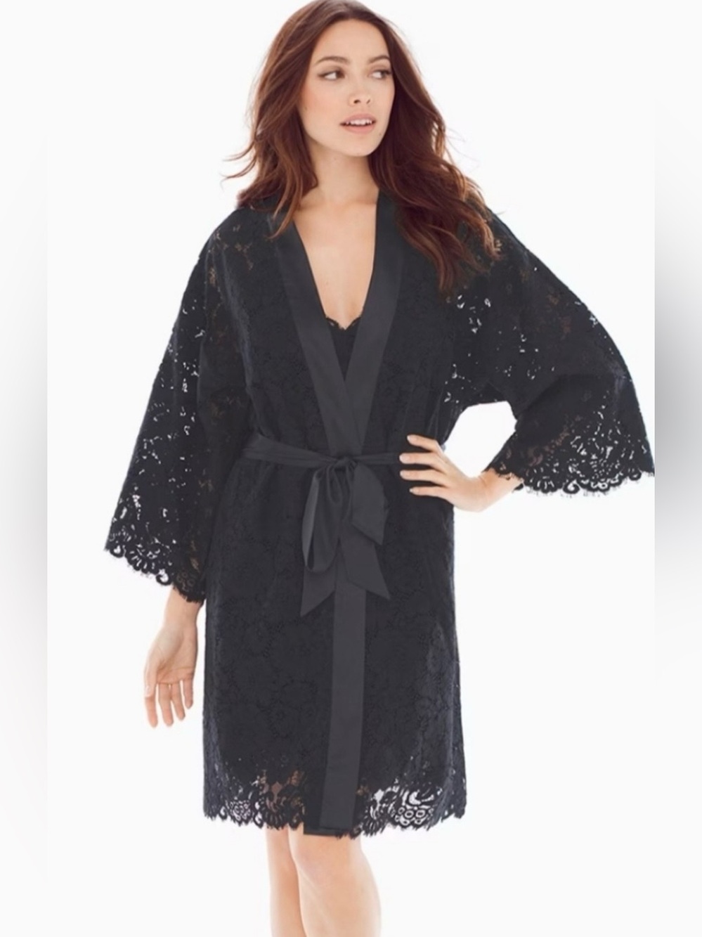 Soma • Lace Kimono Sleeve Black Wrap Robe • L/XL
